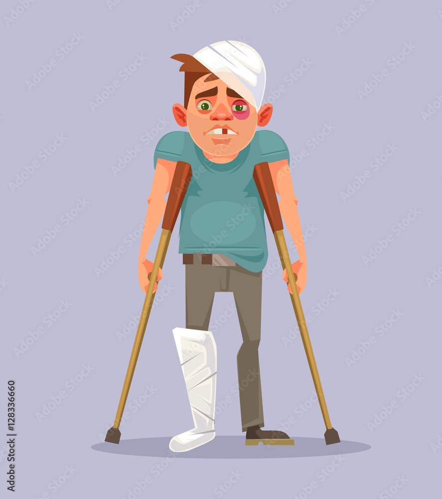 Sad man character with broken leg. Vector flat cartoon illustration Stock  Vector | Adobe Stock