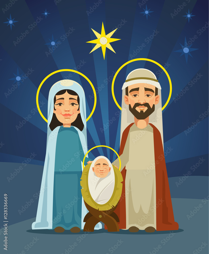 Nativity scene. Holy family. Birth of Christ. Vector flat cartoon illustration