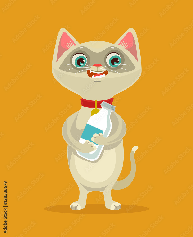 Happy cat character hold milk bottle. Vector flat cartoon illustration Happy cat character hold milk bottle. Vector flat cartoon illustration
