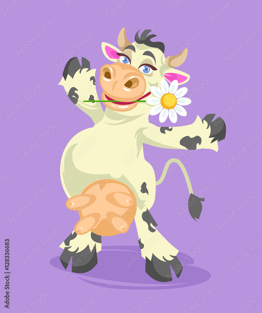 Funny cow performer character. Vector flat cartoon illustration Funny cow performer character. Vector flat cartoon illustration