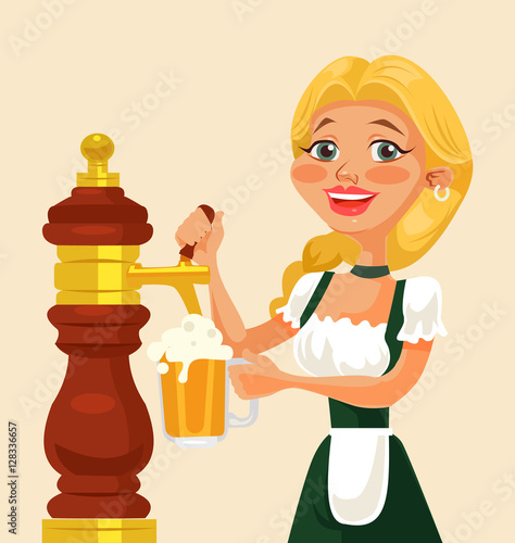 Oktoberfest girl character pouring beer. Vector flat cartoon illustration