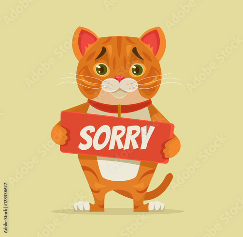 Sorry cat character hold apology plate. Vector flat cartoon illustration