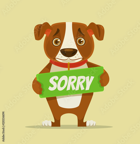 Sorry dog character hold apology plate. Vector flat cartoon illustration