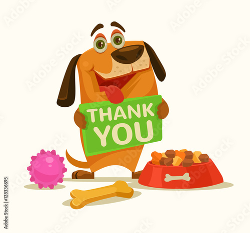 Happy dog character hold plate with thank you words. Vector flat cartoon illustration