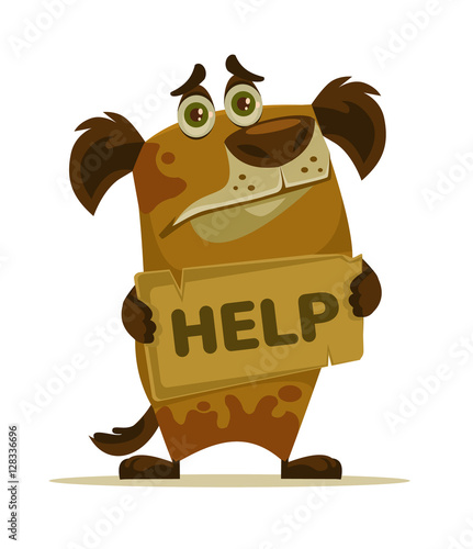 Dog character need home and help. Vector flat cartoon illustration
