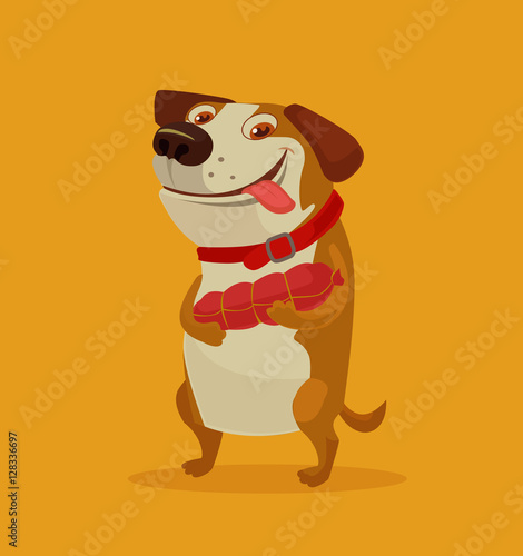 Happy dog character hold sausage. Vector flat cartoon illustration