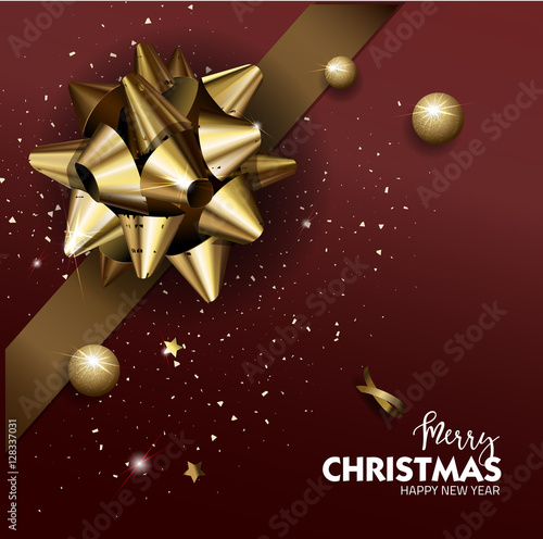 Elegant Merry Christmas or Happy New Year background with gold bow.