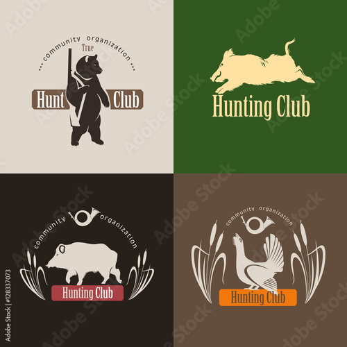 A set of logos, emblems hunting club. Wild boar, a bear with a hunting rifle, grouse