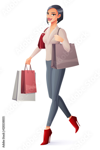 Vector beautiful brunette lady walking with shopping bags and smiling. © maia3000