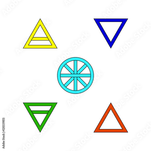 Five Element Flat Color Icon Set Symbol Design. Vector illustration isolated on black background. Spirit, Air, Earth , Fire and Water. 