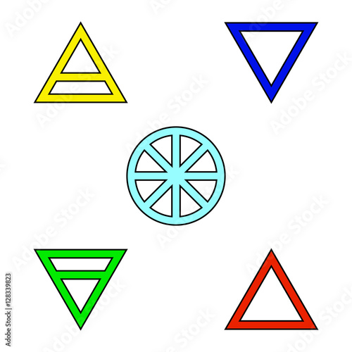 Five Element Flat Color Icon Set Symbol Design. Vector illustration isolated on black background. Spirit, Air, Earth , Fire and Water. 