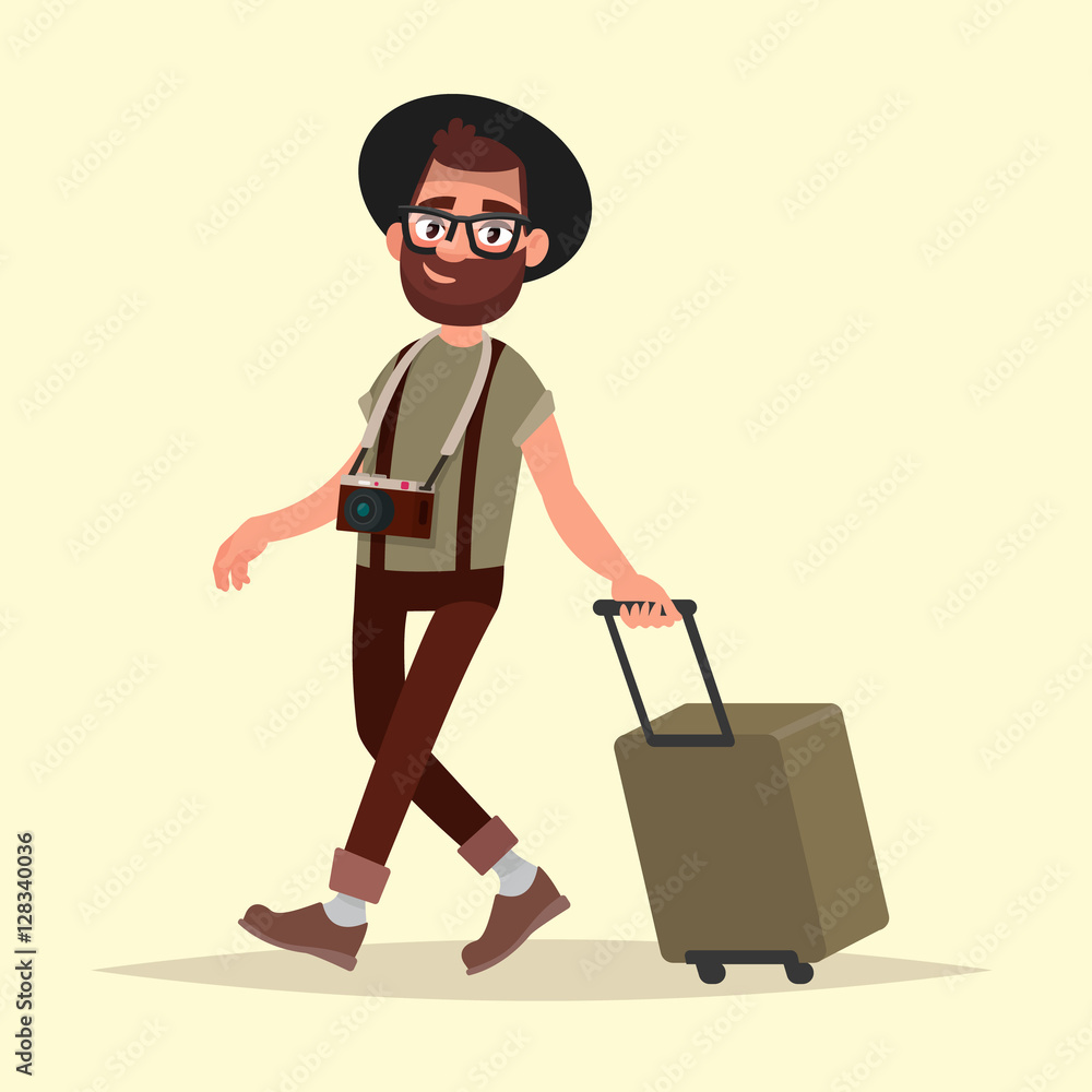 Air traveler. Hipster man with luggage goes to the airport. Vect Air traveler. Hipster man with luggage goes to the airport. Vect