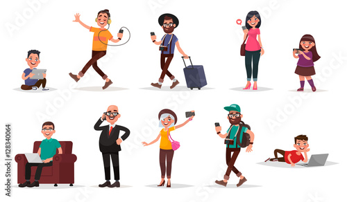 People and gadgets. Set of children, youth and adults with their
