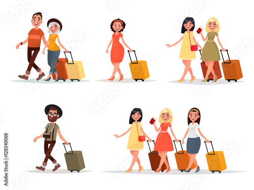 Set walking airplane passengers. Man, woman, friends with luggag