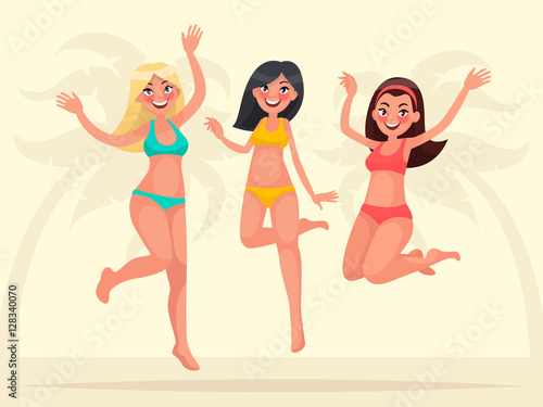Summer vacation. Three happy girlfriends are jumping on a backgr