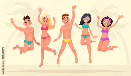 Summer holidays. Happy group of young people are jumping on the