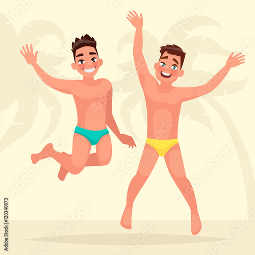Summer vacation. Two young men are  jumping on the beach backgro