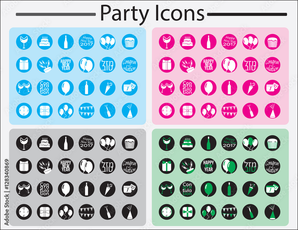 Birthday and new year party white icon set with color round background Birthday and new year party white icon set with color round background