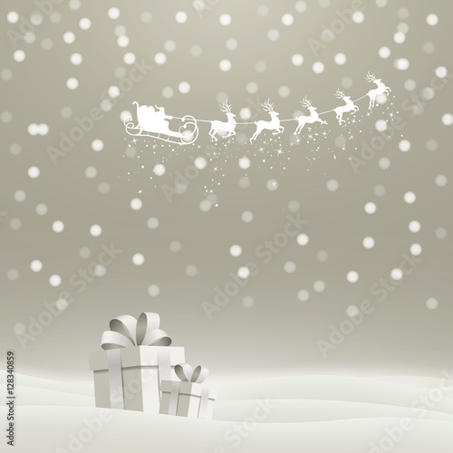 Vector Illustration of a Christmas Holiday Design with Flying Santa Claus and Gift Boxes