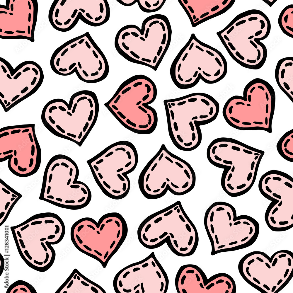 Pink heart with dotted line and a black outline. Vector seamless hand
