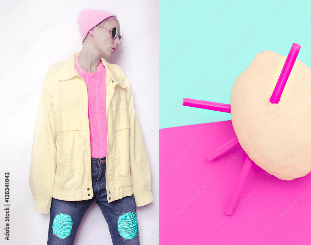 Obraz premium Tomboy Girl in hipster hat beanie and vintage sports jacket jean