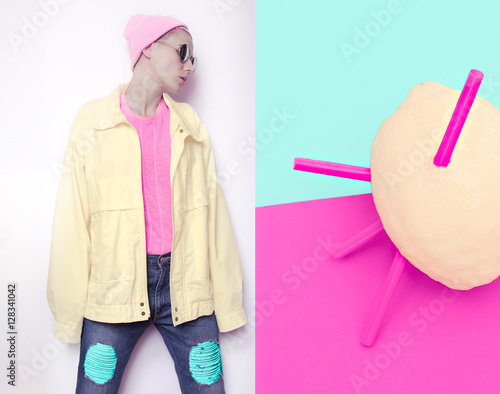 Bild auf Leinwand Tomboy Girl in hipster hat beanie and vintage sports jacket jean