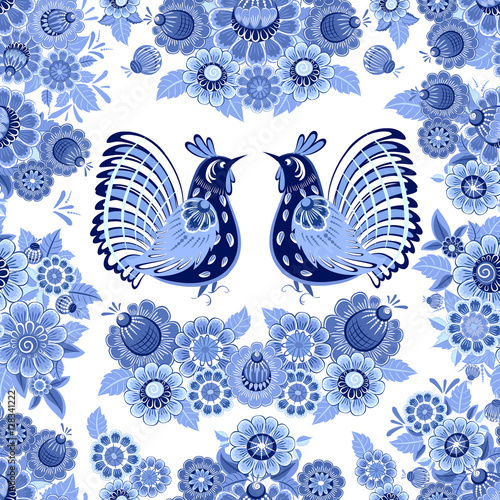 old seamless texture with blue stylized floral ornament with bir
