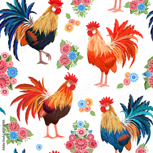 vintage seamless texture with colorful lovely roosters and flowe