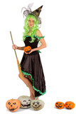 Cute witch on a white background celebrates Halloween