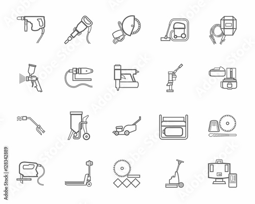 Construction tools, consumables, icons, contour, monochrome. Vector, contour gray drawings of equipment for construction and renovation on a white background. 