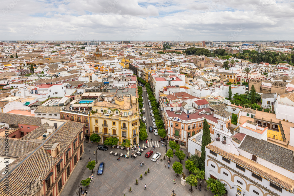 Aerial view of Sevilla in cloudy weather
