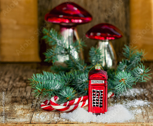 Christmas baubles Phone booth, mushrooms, candy cane Santa sticks and fir branch on the vintage wooden table. Christmas and New Year composition.