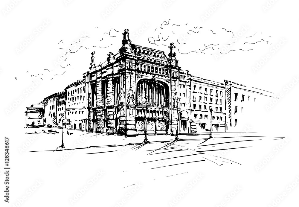 Hand drawn beautiful building. Architecture style. Saint-Petersburg. Sketch, vector illustration.