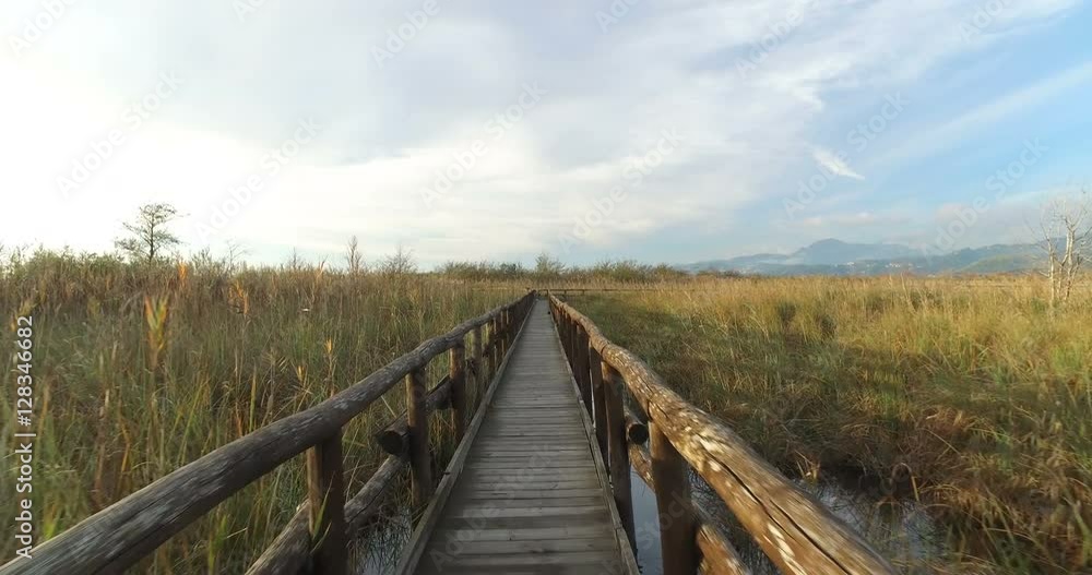 First person view on wooden bridge in the countryside. First person view on wooden bridge in the countryside.