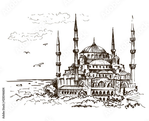 Blue Mosque, Istanbul, Turkey. Sketch, vector illustration.