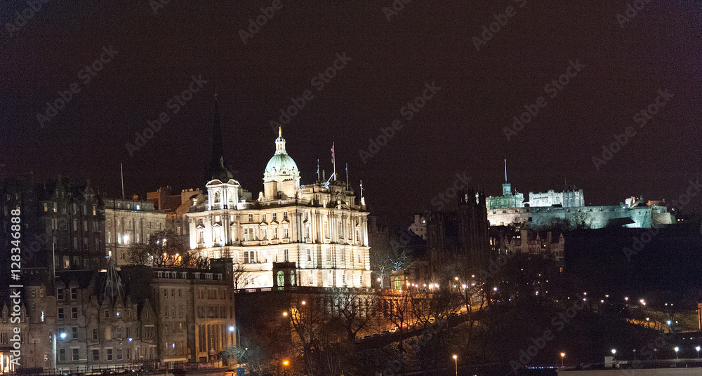 Edinburgh, Scotland, UK-circa march 2016:View of the city, several monuments and the Castle, Edinburgh, Scotland