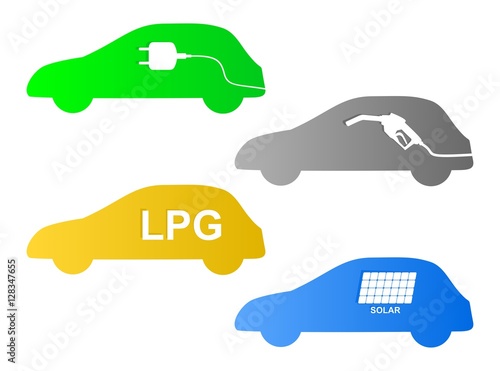 Set of colorful cars blue, green, yellow and gray with different motor drive on gasoline, electricity, gas and solar on a white background. Icons for green propulsion