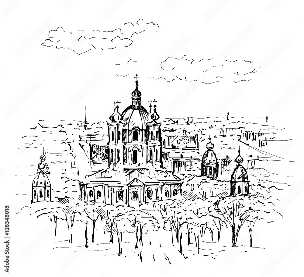 Hand drawn skyline of Saint-petersburg with Cathedral. Vector illustration. Sketch.