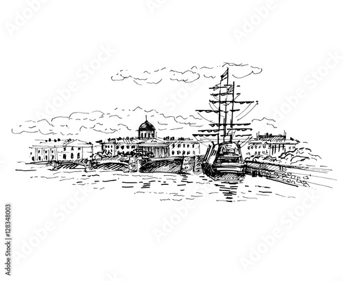Old beautiful ship on Neva river with bridge, Saint-petersburg, Russia. Vector illustration. Sketch.