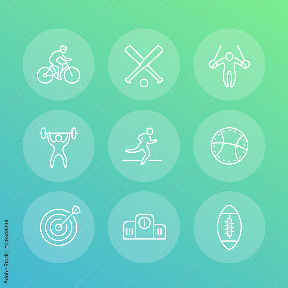 different kind of sports, line icons set, cycling, gymnastic, athletics, archery, marathon, footbal, basketball, vector illustration different kind of sports, line icons set, cycling, gymnastic, athletics, archery, marathon, footbal, basketball, vector illustration