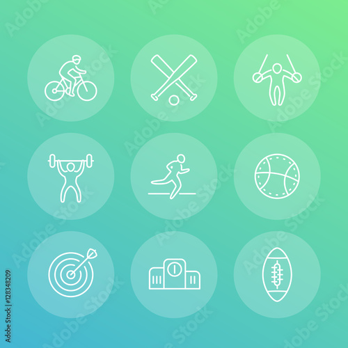 different kind of sports, line icons set, cycling, gymnastic, athletics, archery, marathon, footbal, basketball, vector illustration