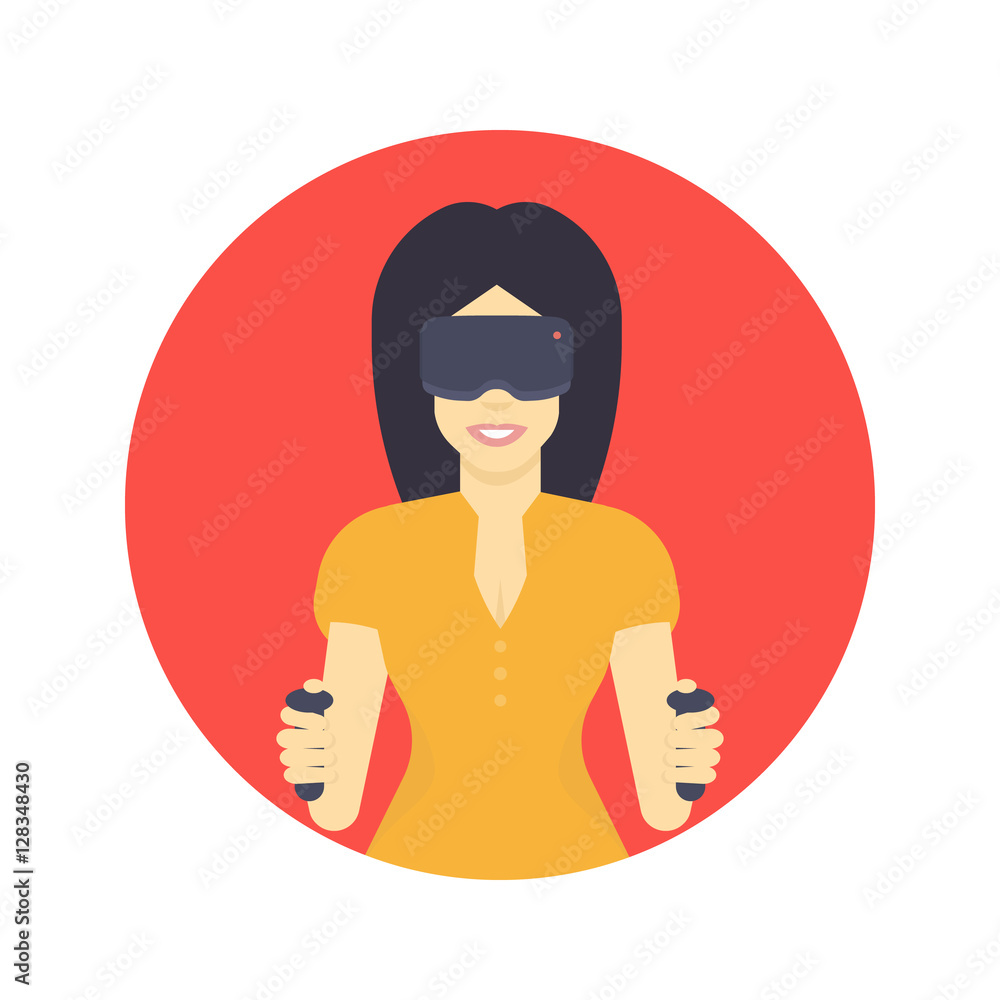 girl in vr headset, virtual reality glasses, flat style female character, smiling long-haired girl girl in vr headset, virtual reality glasses, flat style female character, smiling long-haired girl