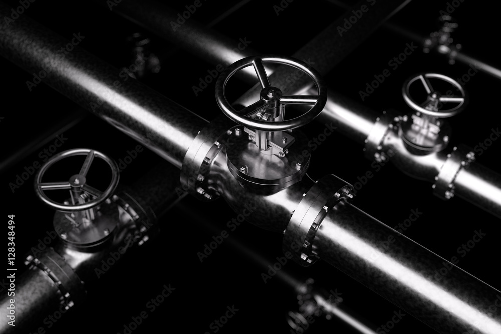Black Valves Background, steel pipes series with  black valves and selective focus effect, focuse on valve, shallow depth of field, industrial 3D illustration - obrazy, fototapety, plakaty 