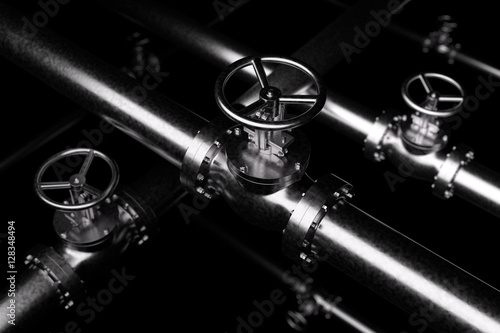 Black Valves Background, steel pipes series with  black valves and selective focus effect, focuse on valve, shallow depth of field, industrial 3D illustration photo