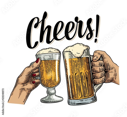 Female and male hands holding and clinking with two glasses beer and mulled wine.