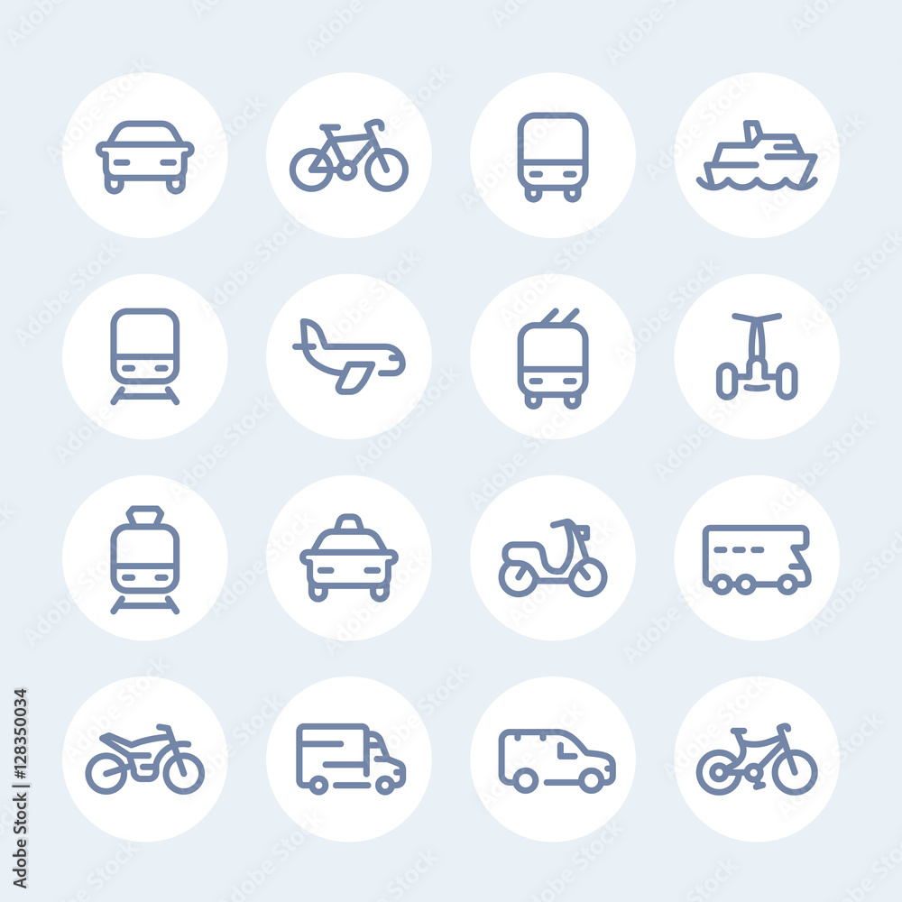 Transport line icons in circles, car, ship, train, airplane, van, bike, motorbike, camper, bus, taxi, trolleybus, subway Transport line icons in circles, car, ship, train, airplane, van, bike, motorbike, camper, bus, taxi, trolleybus, subway