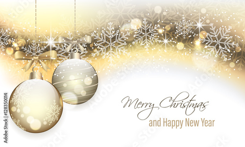 Christmas banner with hanging baubles.