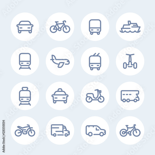 Transport line icons in circles, car, ship, train, airplane, van, bike, motorbike, camper, bus, taxi, trolleybus, subway