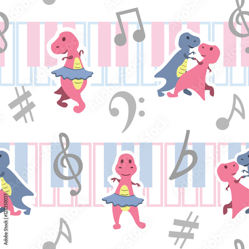 Dancing dino seamless pattern with music keyboards