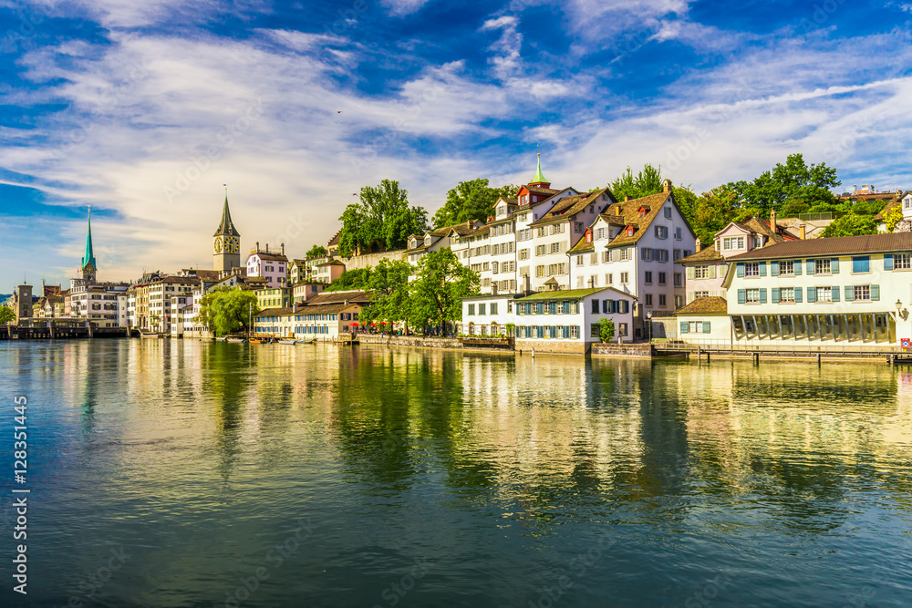View of historic Zürich city center with famous Fraumünster Church, Limmat river and Zürich lake